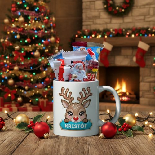 Mikulás ajándékcsomag neves bögrével, díszcsomagolásban #2 - kék