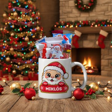   Mikulás ajándékcsomag neves bögrével, díszcsomagolásban #8 - piros Mikulás